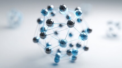 Molecular structure with blue and black spheres representing quantum energy in trade and investment dynamics
