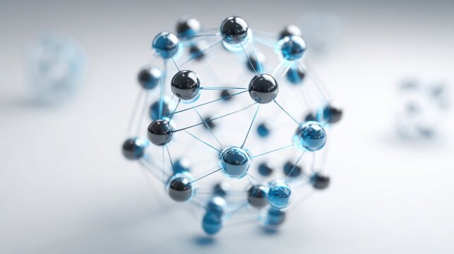 Molecular structure with blue and black spheres representing quantum energy in trade and investment dynamics