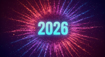 New Year Celebration 2026: A vibrant and energetic illustration of the year 2026, central focus amidst a captivating display of celebratory particles.