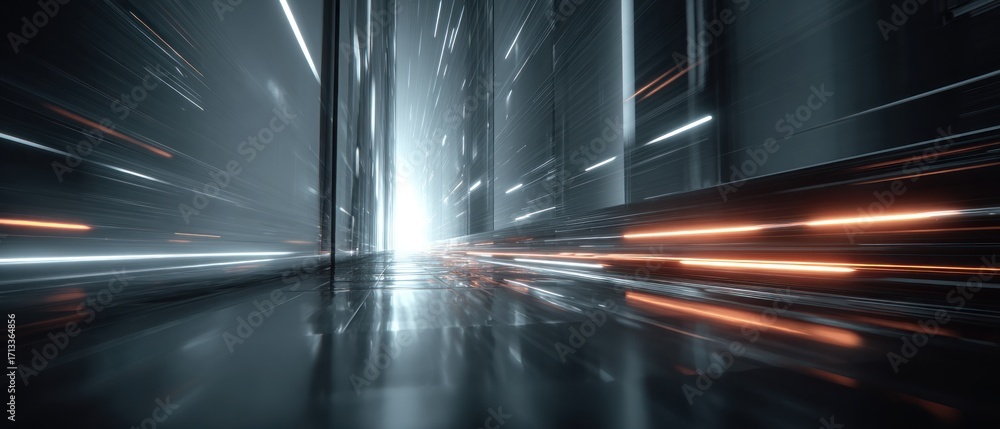 Poster futuristic abstract tunnel with bright lights and reflections in a digital environment