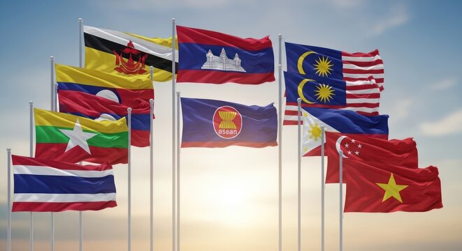 Diverse assembly of asean member state flags united under a sunny sky symbolising collaboration