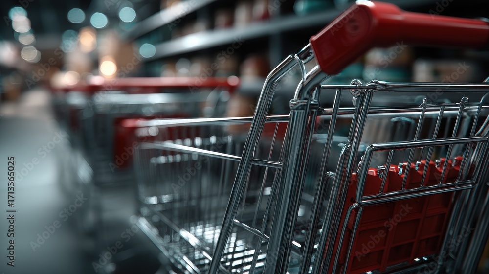 Poster a shopping cart displayed within a store environment with a shopping tag rotating in a dashboard vie