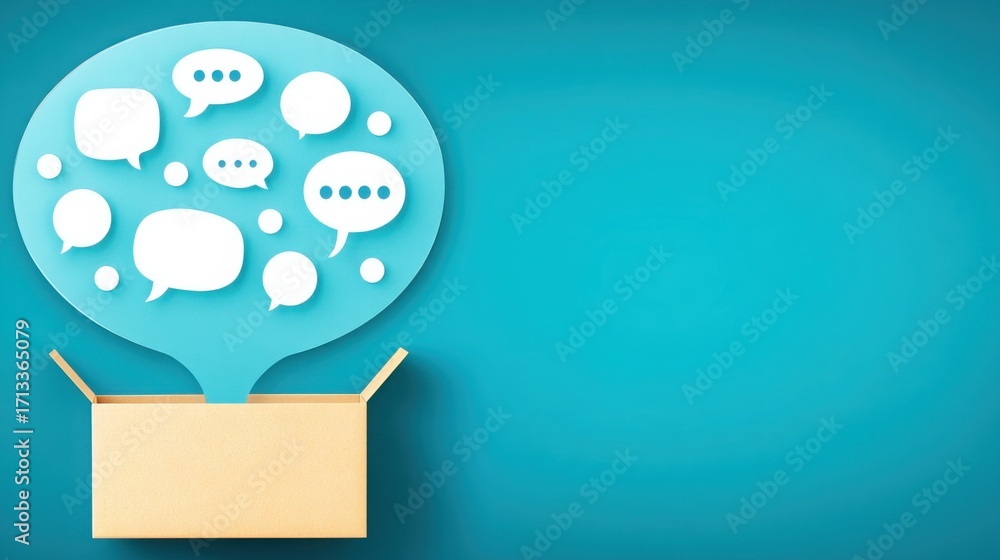 Poster a box surrounded by colorful speech bubbles with a single ad card popping out indicating a campaign 