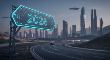 2026: Futuristic Highway: A visionary signpost marking the year 2026 guides us along a futuristic highway, leading toward a cityscape of towering, sleek buildings and innovative flying vehicles.