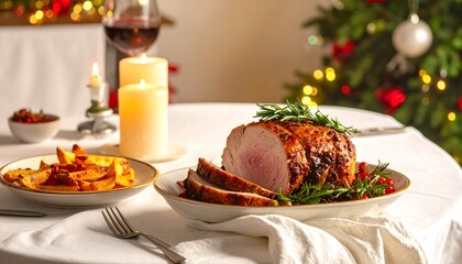 Sliced roast with roasted potatoes, a festive Christmas table setting.