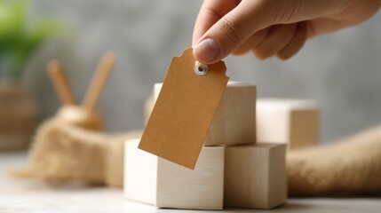 Person placing a tag on a wooden block representing customization and interaction in creative projects and crafting