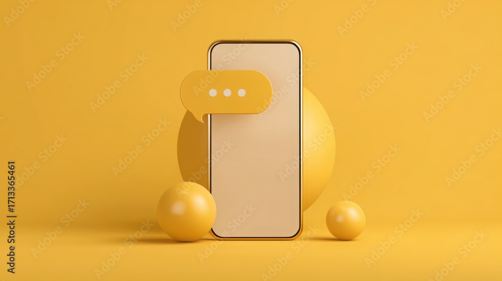 Poster smartphone displaying live chat bubble concept with a playful yellow duck on its screen for mobile m