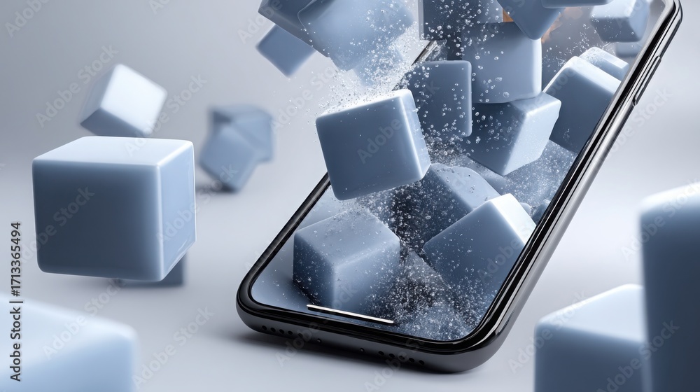 Poster Smartphone displaying a bunch of 3d cubes in the background illustrating mobile module deployment concept