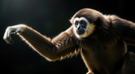 Obraz premium Captivating gaze of a thoughtful lar gibbon amidst a dark backdrop portrait view