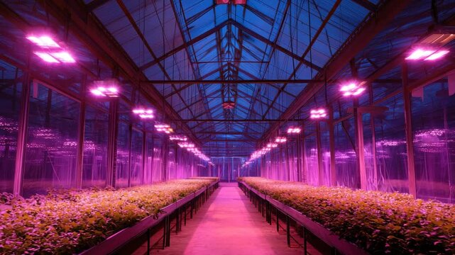 Indoor hydroponic farm with rows of green plants under pink LED grow light in glass greenhouse at dusk showcasing modern smart irrigation system