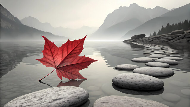 Red maple leaf floating on lake serene landscape mountains stone path nature autumn season zen wallpaper