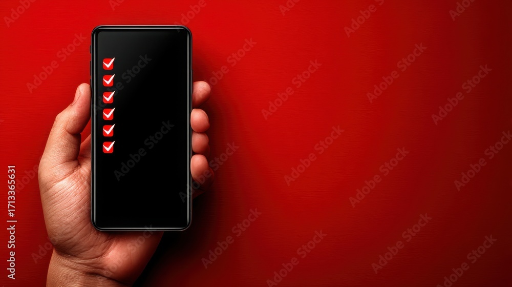 Poster person holding a cell phone displaying a task list concept for enhanced mobile productivity and orga