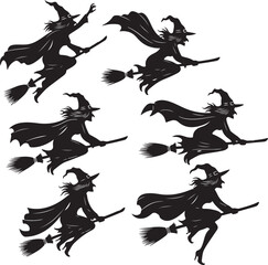 Shadowy Sorceresses in Flight: A haunting visual of multiple witch silhouettes soaring across the night sky on broomsticks, embodying the mystical essence of Halloween.