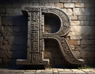 A large, carved stone letter "R" stands out against a textured stone wall, detailed with intricate hieroglyphic patterns.