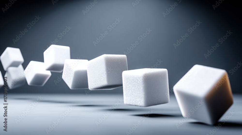Poster group of white cubes arranged in a stacked formation with dynamic upward motion trail creating a 3d 