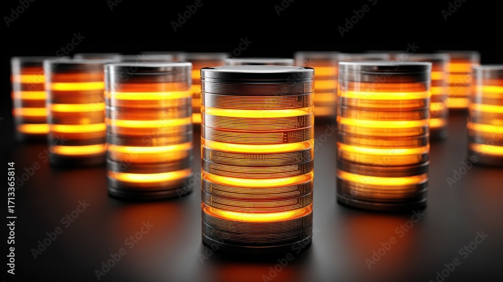 Poster collection of lit server stacks glowing brilliantly to represent data center energy and advanced tec