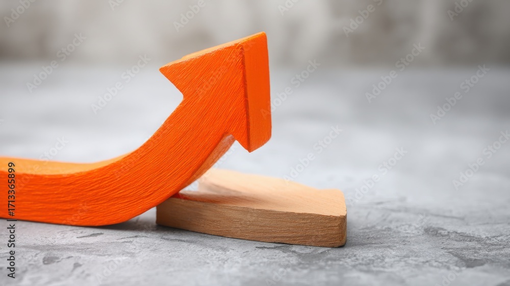 Poster bright orange arrow pointing upwards representing progress and growth in a bold and dynamic visual r
