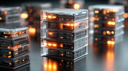 Assorted stacked computer components displaying advanced technology with glowing features for data center energy theme