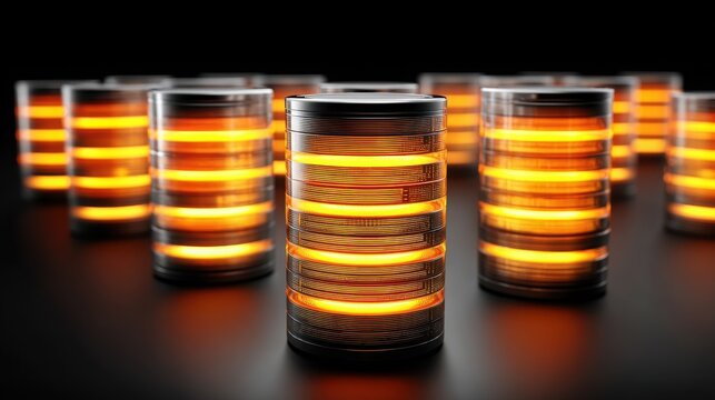 Collection of lit server stacks glowing brilliantly to represent data center energy and advanced technology concept