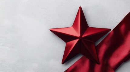 A bold red star icon adorned with ribbon displayed on a crisp white wall highlighting a product of the month concept