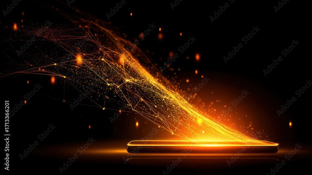 Poster smartphone with a glowing screen and connected dots, depicting the concept of real-time data and dig