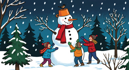 Adobe illustrator artwork vector illustration of cheerful children building a snowman in a snowy forest, capturing the joy of winter playtime under a gentle snowfall