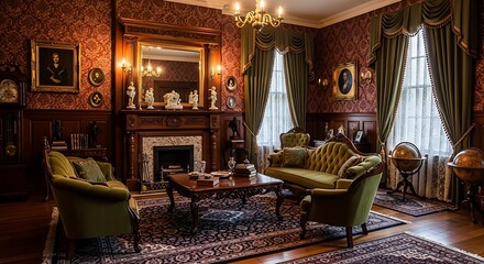 Naklejka premium Luxurious Victorian-era living room with ornate decor and classic furniture.