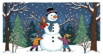 Adobe illustrator artwork vector illustration of cheerful children building a snowman in a snowy forest, capturing the joy of winter playtime under a gentle snowfall