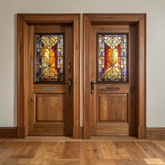 Two antique-style wooden doors with stained glass panels