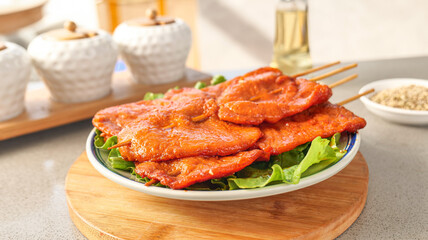 Fresh Marinated Pork Tenderloin Kebabs on Skewers Ready for Grill Barbecue Buffet