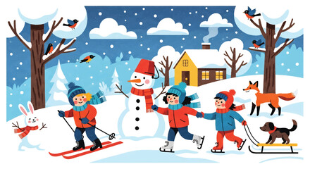 Adobe illustrator artwork vector illustration of a lively winter scene with children skiing, ice skating, and sledding, joined by a snowman, rabbit, and foxes near a cozy cabin
