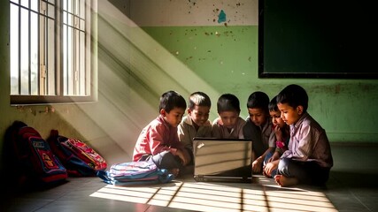 Inspiring video of young students collaborating on a laptop in a sunlit classroom, fostering - Powered by Adobe