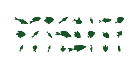Black and white fish silhouette vector artwork showing aquatic animals with minimal detail perfect for nature themes, fishing icons and marine illustrations