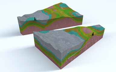 Petroleum system trap 3D block diagram in orthographic perspective view