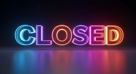 A futuristic, high-resolution 3D illustration of the word "CLOSED" glowing with vibrant neon colors, set against a sleek, dark gradient background. 
