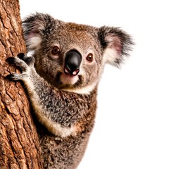 Fototapeta premium Adorable koala perched on a tree trunk displaying curious expression in natural habitat