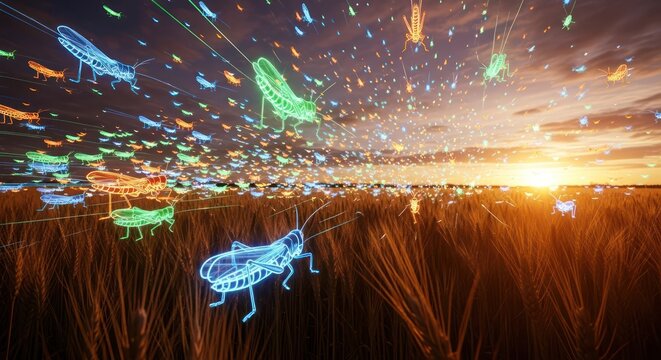 Neon locust swarm over wheat field during golden hour evoking a surreal technological phenomenon
