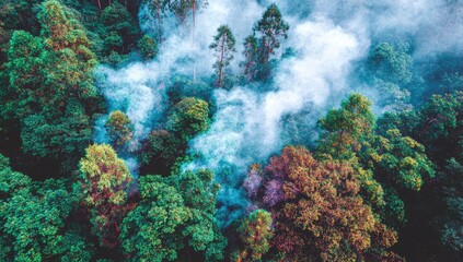Naklejka premium Aerial view of a vibrant rainforest, smoke billows through the canopy