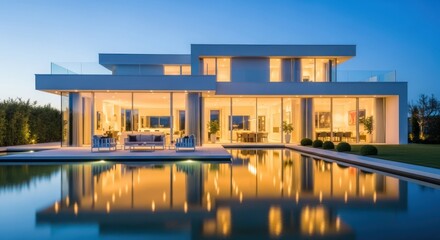 Obraz premium Spectacular modern villa with pool reflecting light at dusk showcasing architecture