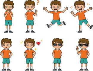 Cartoon boy character set, different poses and emotions, kids illustration, playful expressions, emotional learning, educational design, stock vector art