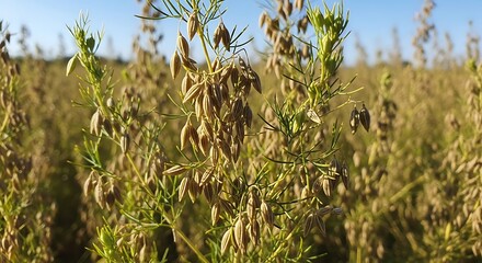 Nigella seed pods in a field, ready for harvest.