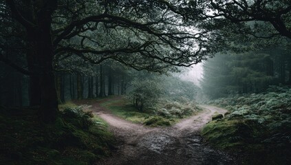A misty forest path forks, disappearing into the fog under a canopy of ancient trees draped in moss, creating an eerie yet peaceful atmosphere