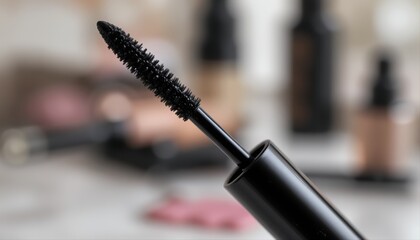 Naklejka premium Glossy black mascara tube with blurred beauty background