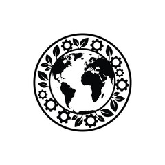 Obraz premium A symbolic circular emblem representing the harmony between nature and industry, featuring the Earth globe framed by alternating leaves and gears