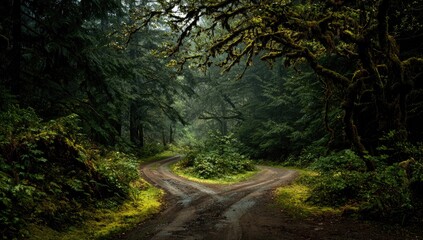 A misty, moss-draped forest path forks, revealing a tranquil, dimly lit scene of lush greenery and damp earth.  The road is muddy, winding deeper into the woods