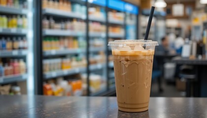 Iced coffee in plastic cup with straw on counter in convenience store background