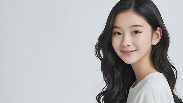 Studio portrait of elegant smiling girl with long black hair
