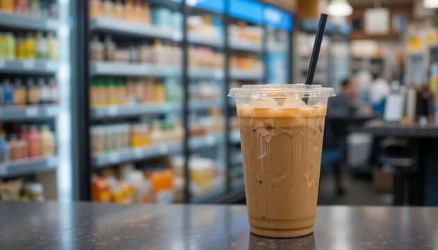 Iced coffee in plastic cup with straw on counter in convenience store background