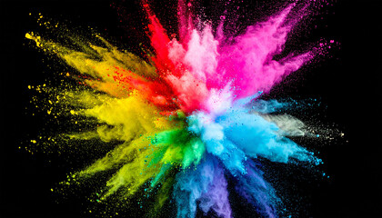 Burst of Color: A vibrant explosion of multicolored powder erupts, creating a captivating visual spectacle. Each hue radiates energy against a dark backdrop.
