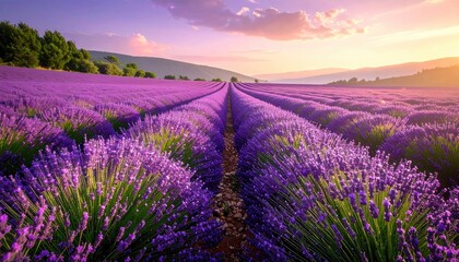 Naklejka premium Lavender field at sunset, rows of vibrant purple flowers